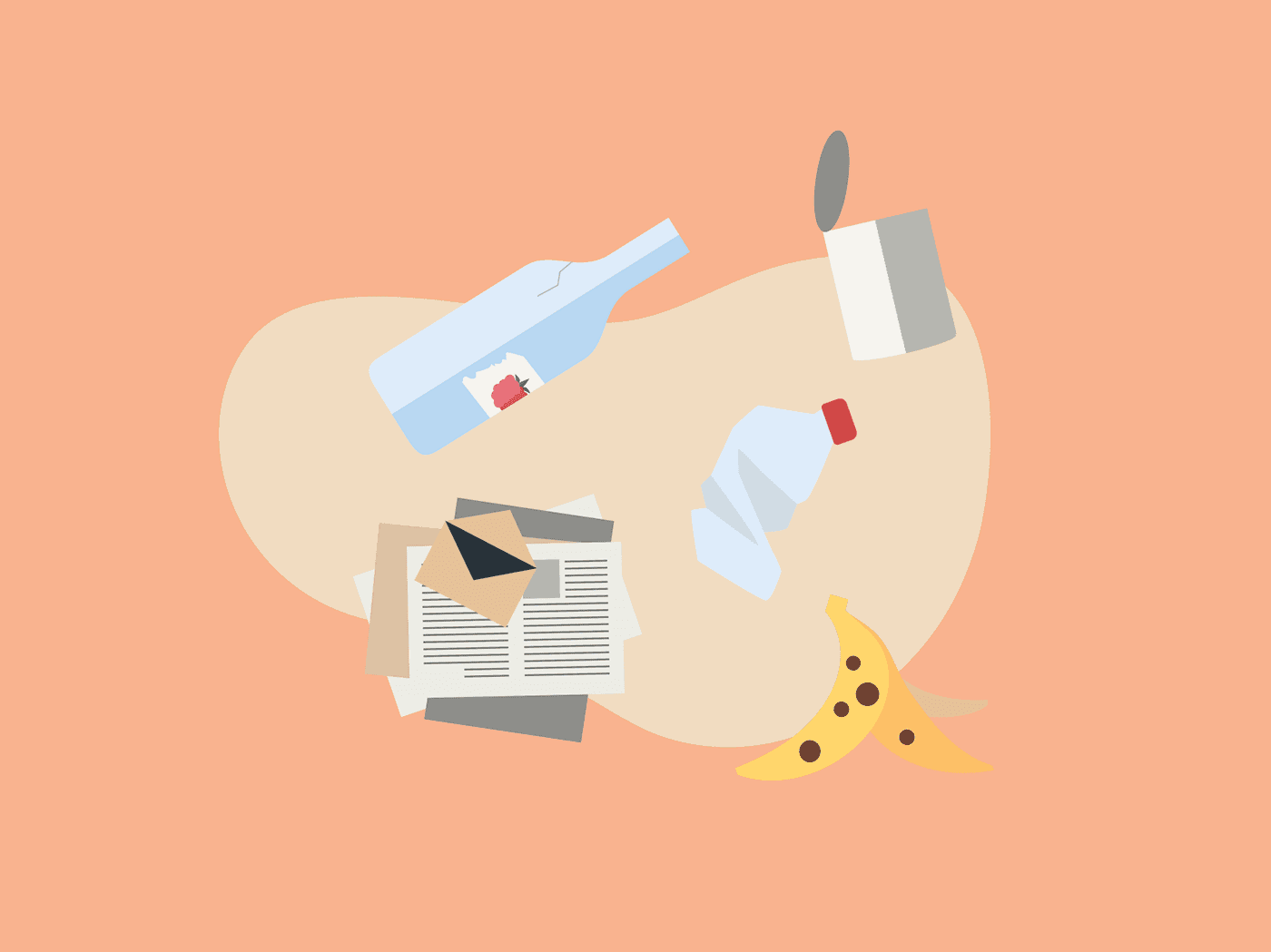 Illustration mit leeren Flaschen, Papier, Bananenschale und Dose auf orangem Hintergrund.