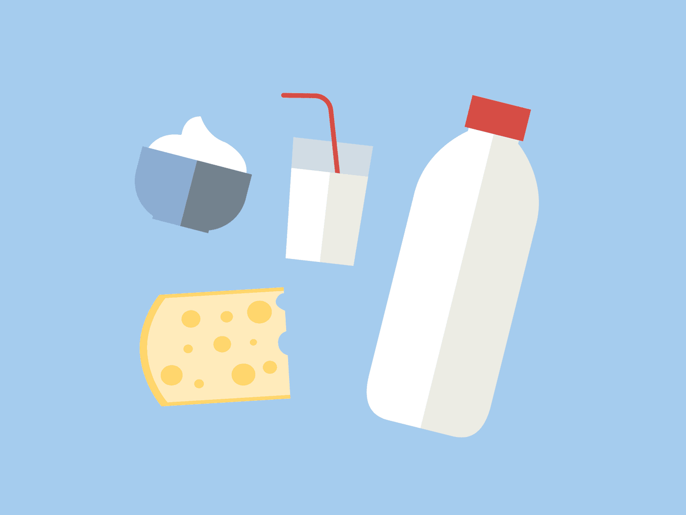 Illustration mit Milchflasche, Käse, Joghurt und Glas Milch auf blauem Hintergrund.