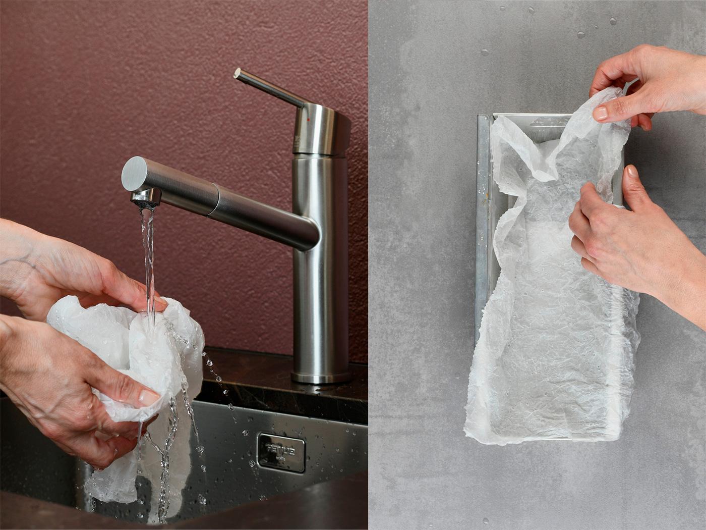 Hände halten Backpapier unter fliessendes Wasser am Spülbecken. Nasses Backpapier wird in Backform gelegt und glattgestrichen.