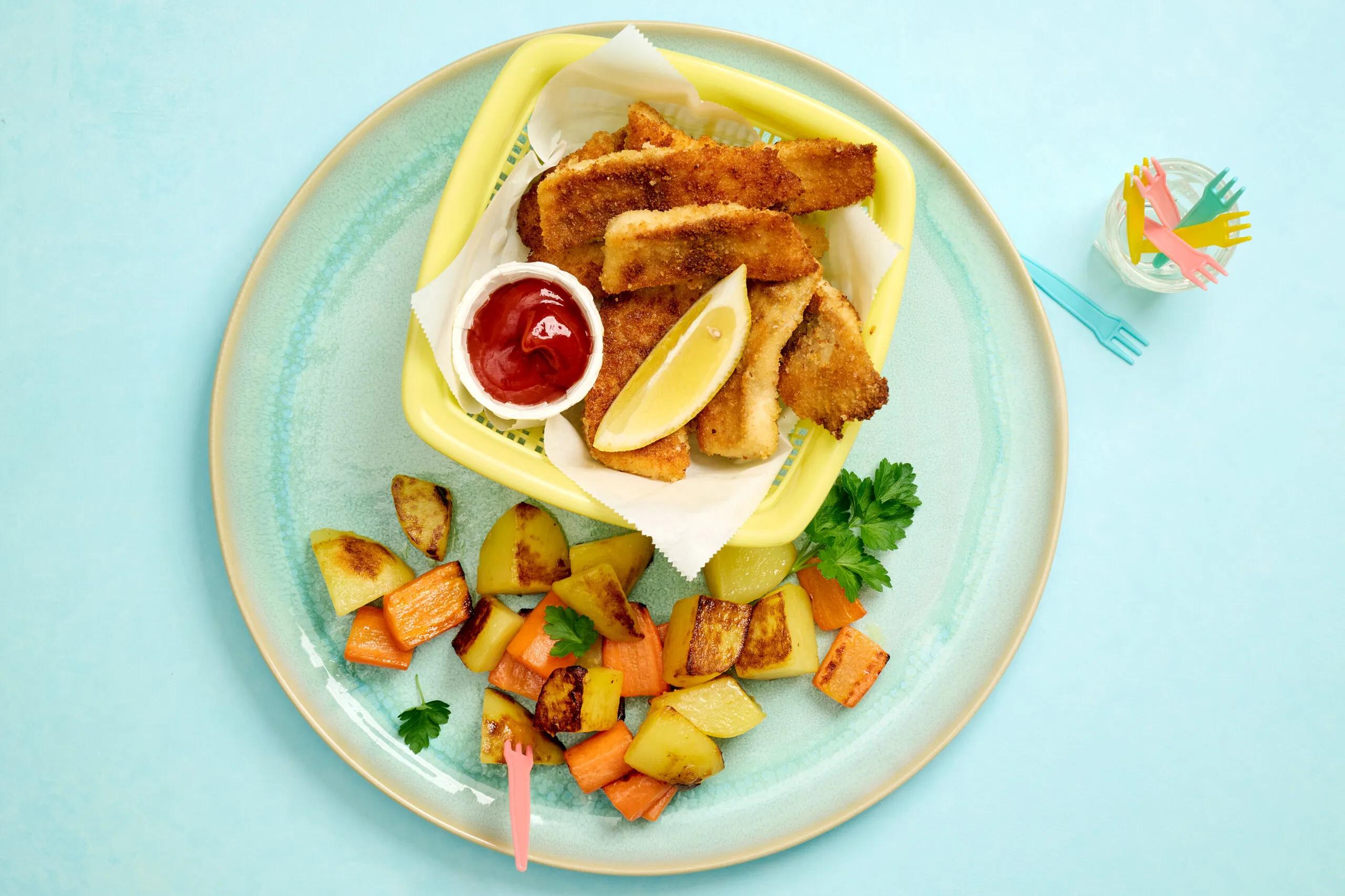 Fischstäbli mit Bratkartoffeln, Schwierigkeitsgrad ${SCHWIERIGKEITSGRAD}. Das fertige Gericht schön angerichtet und fotografiert aus Vogelperspektive (Food Fotografie). Serviervorschlag, Original Tiptopf Rezept, aus dem bekanntesten Kochbuch der Schweiz